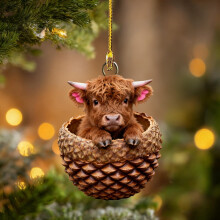 Höglandsboskap med ekollonprydnader, 2D-julgransdekorationer av skogsdjur, 8,5 cm kottedjur, skogsdjursfigur, hängande ornament i akryl.