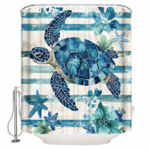 Cortina de ducha con tortuga marina azul, 91 x 182 cm, cortina de baño impermeable con estampado floral azul y estrellas de mar, estilo retro, con