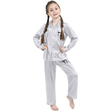 Long Sleeve Pants Set Girls Two Piece Outfits Silk Satin Bow Print Button Down Collared Shirts Girl Home Clothes Kids 3-14 Years Leisure Outfit