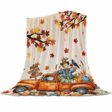 Thanksgiving Truck Flannel Blanket (32"x48") – Fall Scarecrow & Maple Leaf Design, Orange Ombre, Super Soft, All-Season, for Bed/Travel/Camping