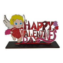 Comhartha Adhmaid Lá Vailintín Shona Glitter le Figiúr Cupid, Maisiúcháin Bhord Neamhspleácha do Chóisir (Stíl A-7.8X4.7In)