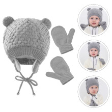 1Set Windproof Grey Knitting Hat with Gloves Winter Warm Set Perfect for Outdoors