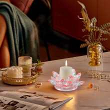 Elegant Crystal Flower Tealight Holder, Glass Candle Centerpiece for Wedding, Christmas & Party Table Decor,Pink