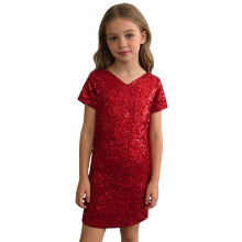 AWZXDE Girls' Red Sequin Party Dress with Short Sleeves & Tutu – Stage Dance Recital Wear for Kids, Toddlers, Kindergarten, Primary School –