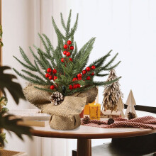 12" Mini Christmas Tree with Red Berries, Pine Cones & Burlap Base – Desktop Holiday Decoration for Home, Farmhouse, Kitchen or Office