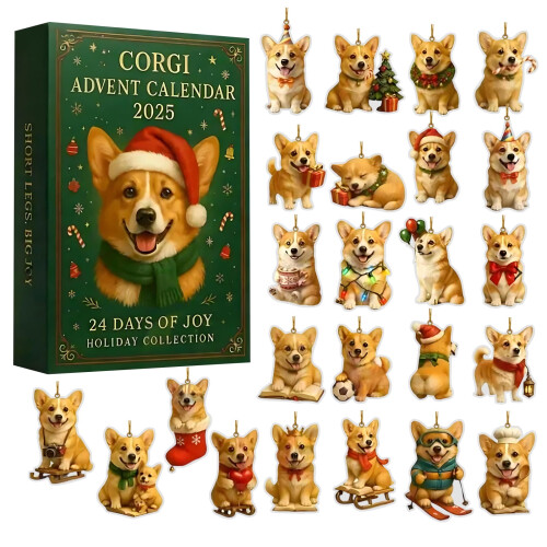 Ημερολόγιο Advent 2025 με 24 ακρυλικά μενταγιόν Corgi για αντίστροφη μέτρηση των