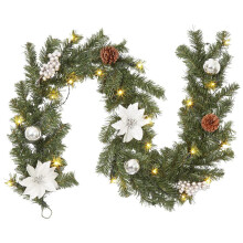Guirlanda de Natal artificial de 1,8 m com 30 luzes, flores brancas, bolas e pinhas – Decoração para interiores e exteriores