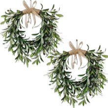 Couronne artificielle en forme de cœur de 50 cm (2 pièces) avec feuilles et fruits d'olivier, branches vertes réalistes et fleurs printanières,