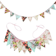 Drapeau triangulaire en coton rose à motif floral champêtre, décoration pour anniversaire d'enfant, mariage, drapeau à suspendre, camping en