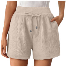 Shorts femininos casuais de verão, com cintura alta e elástico, perfeitos para relaxar e se divertir na praia em 2025.