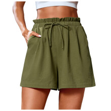 Shorts femininos com bolsos, shorts casuais de verão para mulheres, cintura ajustável com amarração, leves e folgados.