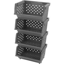 4-Pack Large Plastic Stackable Storage Basket, Plastic Kitchen Stacking Baskets, Grey