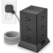 Vežová predlžovačka s 12 AC zásuvkami, 4 USB porty (2C), 16,5-stopový kábel, plochá zástrčka, prepäťová ochrana, samostatné vypínače