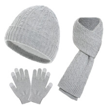 Ensemble unisexe bonnet, écharpe et gants en maille grise