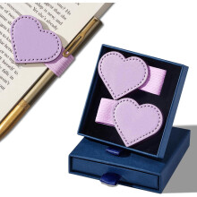 Conjunto de 2 Marcadores de Livro Magnéticos em Couro em Formato de Coração com Porta-Canetas e Caixa de Presente, Rosa – Compatíveis com Todos