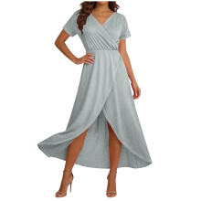 Grå Böljande Omslagsklänning Med Slits, Kors och Tvärs, Basic för Dam Höst Sommar Kortärmad V-ringad Spandex Maxi Långa Klänningar