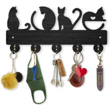 Love Cat wandkapstok met 5 aluminium haken, 11,8 x 5,4 inch, zwarte houten sleutelhouder – past bij een interieur met kattenthema.