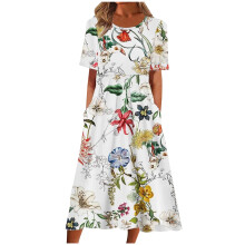 Dam Boho Blommig Böljande Maxiklänning Avslappnad Lös Sommar Kortärmad Strandklänning med Fickor