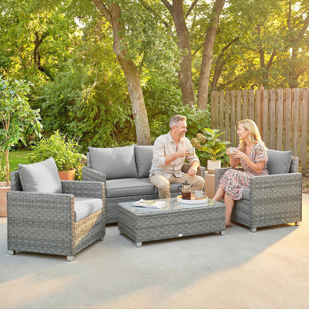 Outsunny 4 Seater Rattan Garden Furniture Set With Cushions, Grey