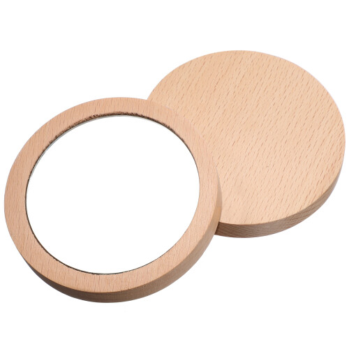 2Pcs Khaki Wood Glass Mini Mirror Round Pocket Compact Makeup Mirror 1