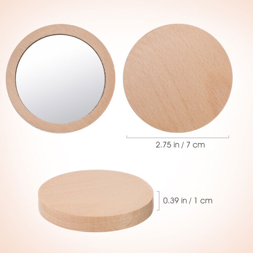 2Pcs Khaki Wood Glass Mini Mirror Round Pocket Compact Makeup Mirror 2