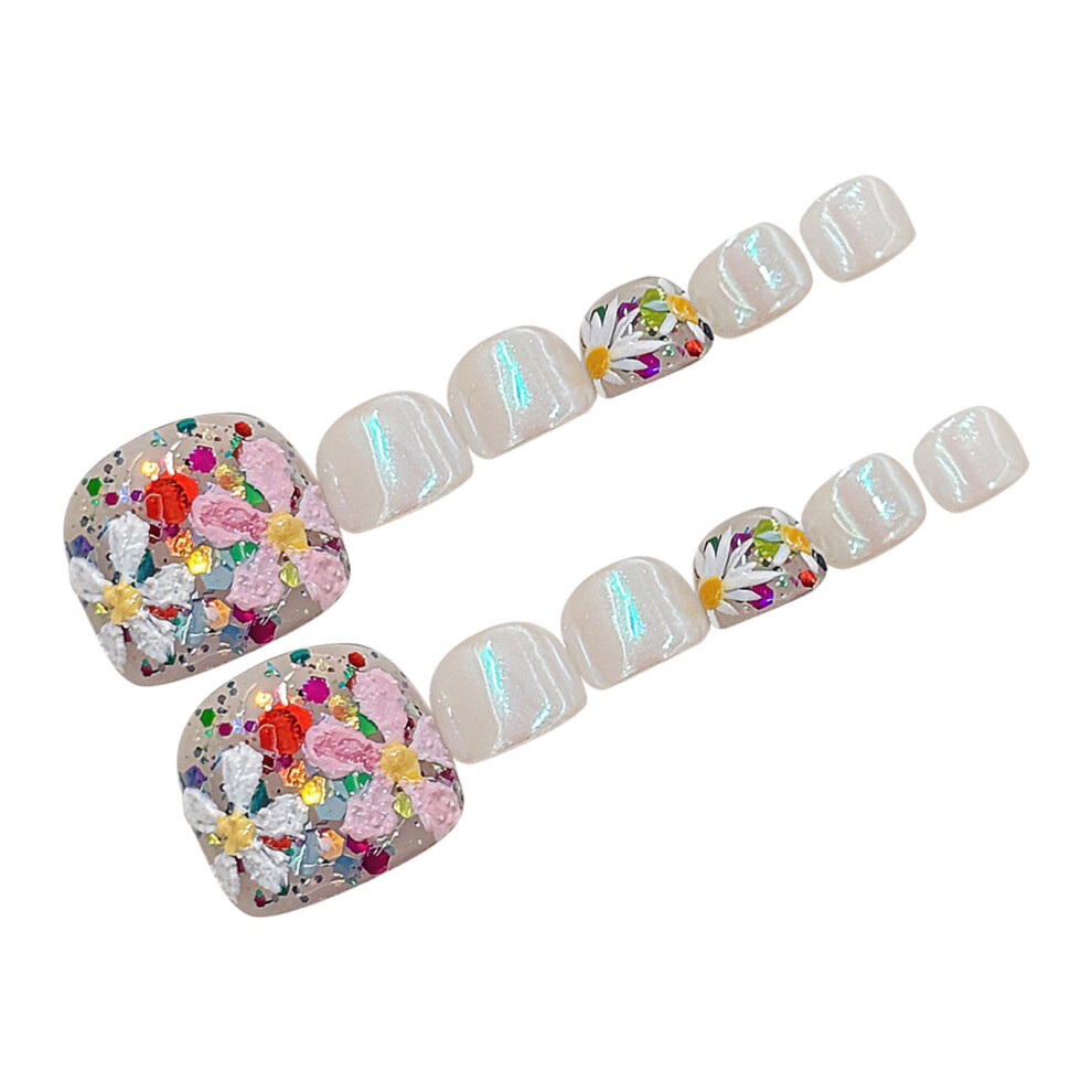 Bright-Home (M) Nude False Toenails With Daisy Printed Sweet & Charming Reusable False Nails For Stage Performance Wear