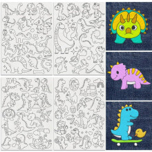 64Pcs Cartoon Dinosaur Embroidery Patterns, 8.3"x11.7", Soluble Stick & Stitch Stickers, 4 Sheets, DIY Hand Sewing Paper – Compatible with All