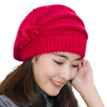 Cappello lavorato a maglia con decorazioni floreali di lusso, pelliccia di coniglio, senza tesa, design elasticizzato, maglione per abbigliamento
