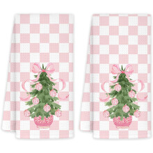 Conjunto de 2 panos de prato/copo natalinos em xadrez vermelho búfalo, 40x60 cm, com laço decorativo – Combina com a decoração de Natal.