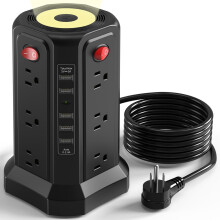 Stiall Cumhachta Cosanta Borrtha le Corda 10FT, 12 Asraon AC, 5 Chalafort USB, Solas Oíche & Cosaint Ró-ualaigh - Ag luí le 13A
