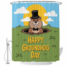 Cortina de ducha "Feliz Día de la Marmota" (122 x 182 cm), impermeable y lavable, diseño de marmota en forma de agujero, incluye 12 ganchos.