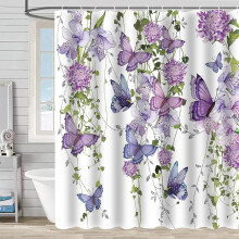 Violetti kukkakuvioinen perhossuihkuverho, vedenpitävä ja pestävä, 60x72", 12 koukkua, yhteensopiva standardisuihkutankojen kanssa