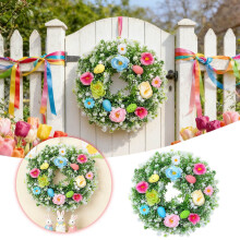 Corona de Pascua con hojas nevadas, huevos y bayas - Corona floral en tonos pastel para la puerta principal, ventana y decoración de jardín (verde