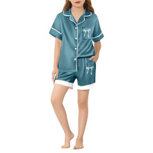 Short Sleeve Shorts Set Girls Two Piece Outfits Bow Print Button Down Collared Shirts Girl Silk Satin Home Clothes Kids Trendy Outfit