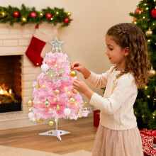 Pink 18" Mini Christmas Tree with Ornaments, LED Lights & Star Topper – Desktop Holiday Decor for Office, Bedroom, Party
