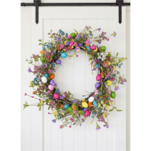 Couronne de Pâques de 56 cm avec œufs pastel et fleurs – Décoration printanière intérieure/extérieure, idéale pour une maison de campagne.