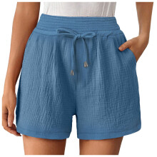 Shorts femininos casuais de verão, com cintura alta e elástico, perfeitos para relaxar e se divertir na praia em 2025.