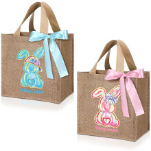 pezzi Sacchetti di iuta pasquali con fiocco e manico, 12x12", Borsa in juta riutilizzabile per caccia alle uova di Pasqua, regali di caramelle,