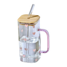 Gobelet en verre résistant à la chaleur de 400 ml avec paille et couvercle – Convient aux boissons froides, jus de fruits et lait ; texture