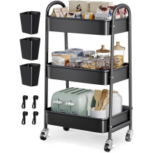3-Tier Rolling Cart with Wheels, Metal Utility Cart Compatible with Kitchen, Pantry, Bathroom, Dorm – White