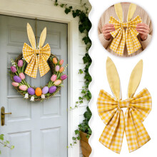 Paaskrans met konijnenoren en strik, decoratieve strik van geruite stof voor deur, muur, raam, huis en feestjes – DIY Paasdecoratie