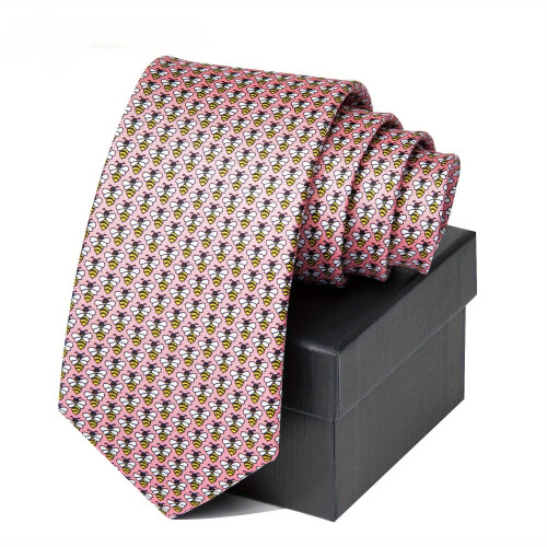 Pink silk tie with bee pattern unisex 2.95 inches
