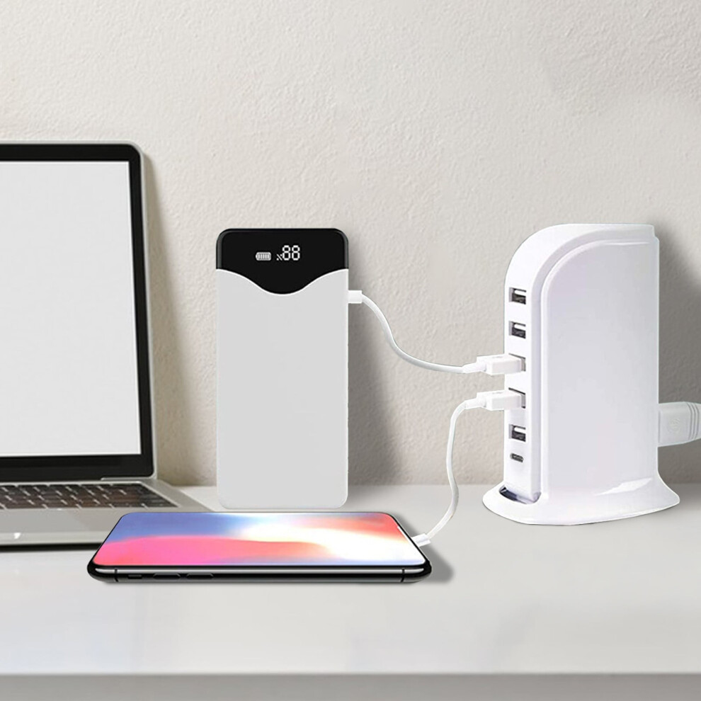 40W Usb Charging Station: 5 Usb + 1 Type-C Port Tower, Compatible With Smartphones, Tablets & Usb Devices (White) White 9450273043555