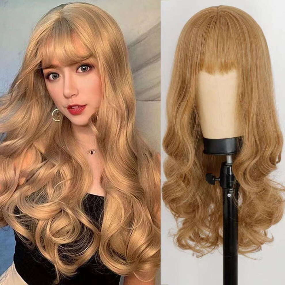 25"Wavy Curly Long Wig with Bangs Blonde Wigs for Women Gold Chemical Fiber Long Curly Hair Head Covers