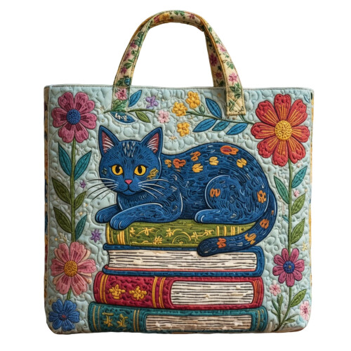 Bolsa de lona acolchoada divertida com bordado de gatos e livros.
