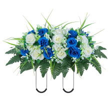 Artificial Cemetery Flower Saddle for Grave, Rose Headstone Decoration – Blue & White (Compatible with Standard Tombstones)