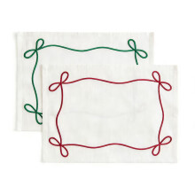 Linen Placemats with Red Bow Embroidery, Cotton-Linen, Wrinkle Resistant, 50x30cm, 3D Bow Design, French Elegant Decor – Compatible with Festive