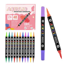 Dual Tip Acrylic Paint Pens, 48 Colors Ceramic Markers 24 Pack 48 Colors Acrylic Paint Markers Brush Tip for Rock Canvas Glass Craft Art 10ml