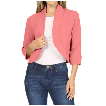 Womens Cropped Blazer 3/4 Ruched Sleeve Collarless Blazers Open Front Casual Work Office Cardigan Suit Jacket Red, XXL
