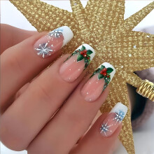 24 unghie finte natalizie adesive, con design a fiocco di neve, corte e quadrate, con colla in gel – Regalo di Capodanno, compatibili con acrilico